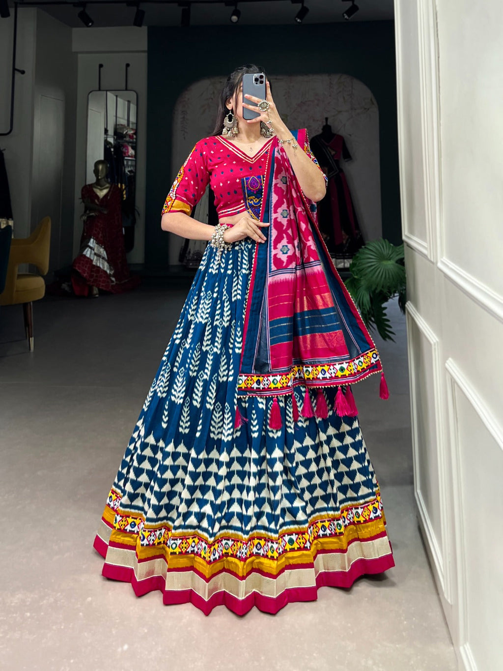 Lorenvalley Black Dola Silk with Printed With Foil Work And Original Mirror Gamthi Lace Touch Up Lehenga Choli | Grocsy