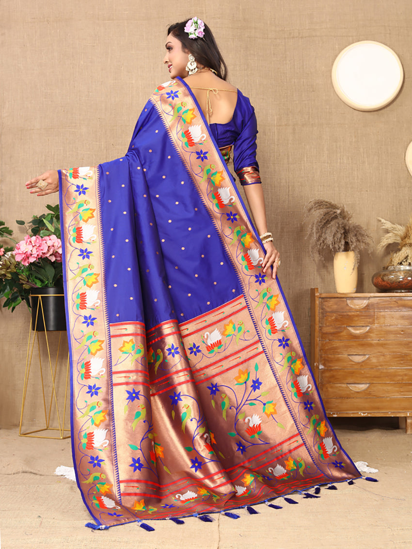 Lorenvalley Fashion Blue Soft Paithani Silk Woven Design Rich Zari Meenakari Weaving Saree | Grocsy