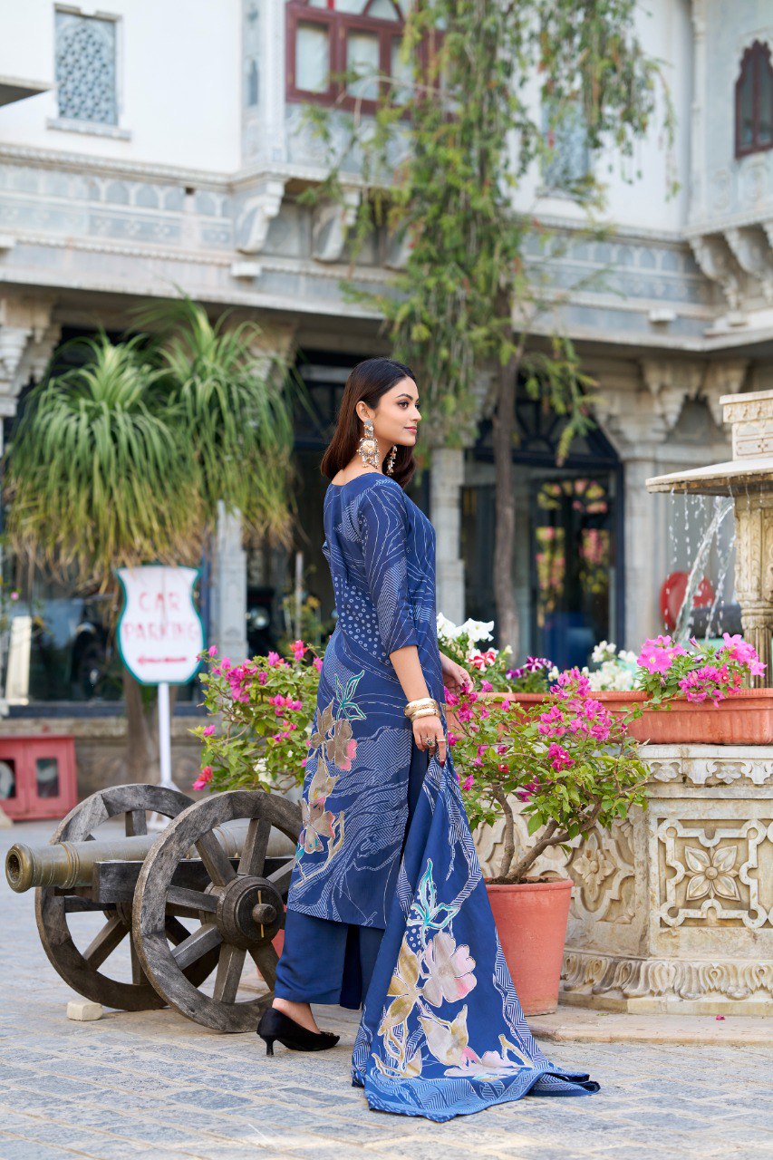 Lorenvalley Blue Roman Silk Floral Print With Beets Handwork Kurta Set | Grocsy
