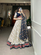 Lorenvalley White And Blue Pure Cotton Leheriya With Patola Print Lehenga Choli With Dupatta | Grocsy