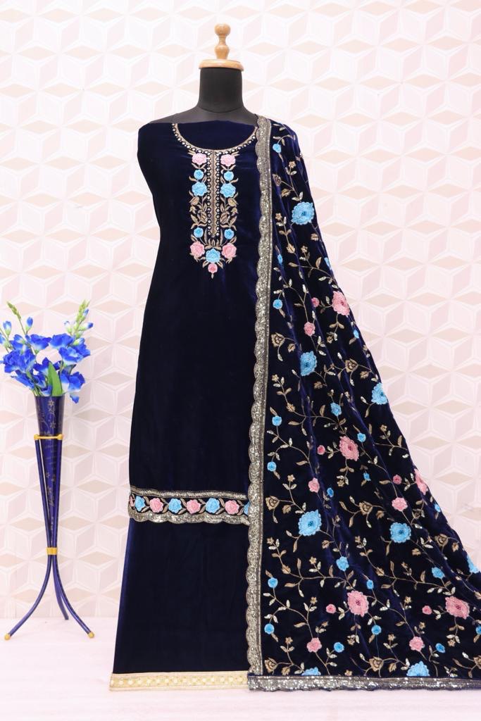 Lorenvalley Fashion Women Blue Velvet Embroidered Salwar Suit Material | Grocsy