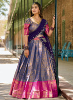 Lorenvalley Blue Kanjivaram Silk Zari Weaving Lehenga Choli with Dupatta | Grocsy