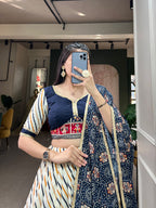 Lorenvalley White And Blue Pure Cotton Leheriya With Patola Print Lehenga Choli With Dupatta | Grocsy