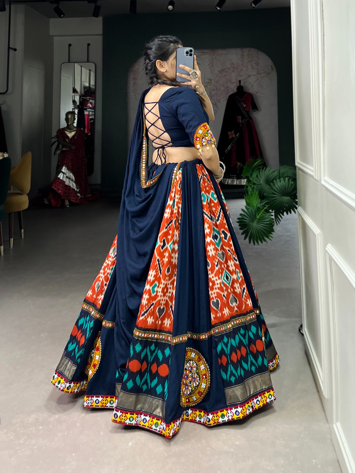 Lorenvalley Blue Rayon and Printed Silk with Plain And Printed With Original Mirror Gamthi Work And Gamthi Patch Work Lehenga Choli | Grocsy