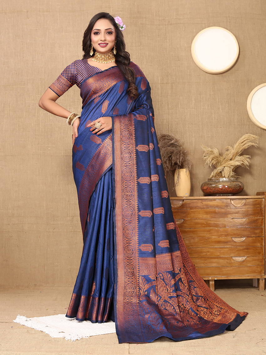 Lorenvalley Fashion Blue Soft Katan Silk Woven Design Copper Zari Weaving Saree | Grocsy
