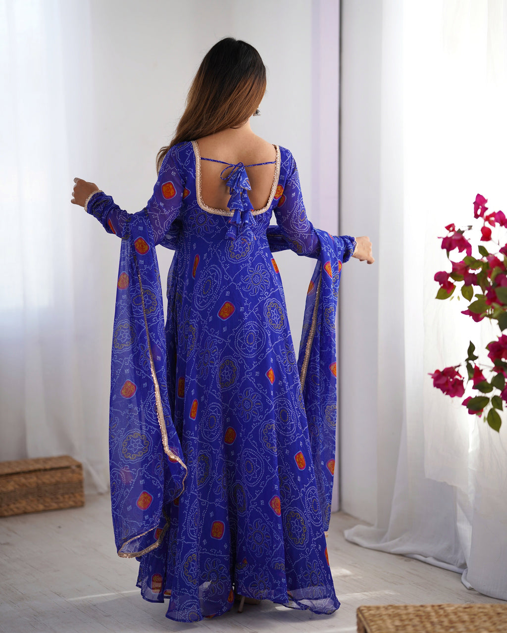 Lorenvalley Women Soft Lightweight Chiffon Bandhej Print Fabric Anarkali Kurta Pant With Dupatta Set | Grocsy