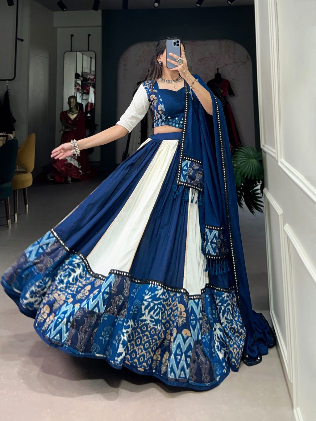 Lorenvalley Blue Pure Rayon with Plain And Printed With Paper Mirror Work Lace And Gota Patti Touch Up Lehenga Choli | Grocsy