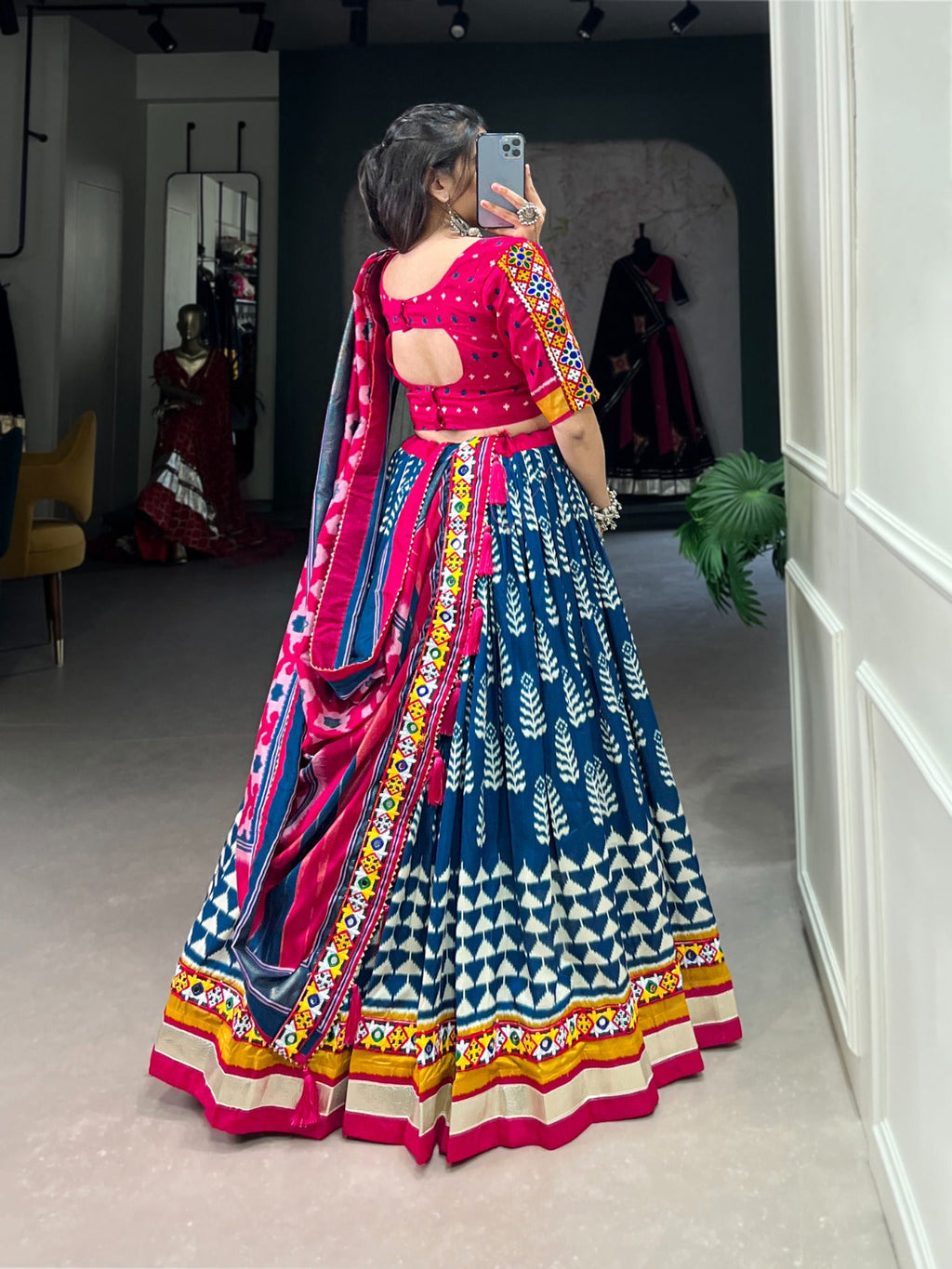 Lorenvalley Black Dola Silk with Printed With Foil Work And Original Mirror Gamthi Lace Touch Up Lehenga Choli | Grocsy
