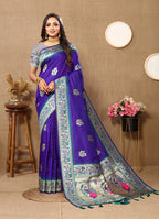 Lorenvalley Fashion Blue Soft Paithani Silk Woven Design Rich Meenakari Zari Weaving Pallu Saree | Grocsy