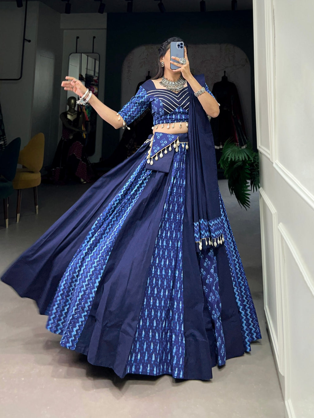 Lorenvalley Blue Pure Cotton Chaniya Choli Adorned With Cowrie Shells And Paired With A Matching Purse | Grocsy