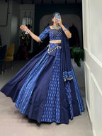 Lorenvalley Blue Pure Cotton Chaniya Choli Adorned With Cowrie Shells And Paired With A Matching Purse | Grocsy