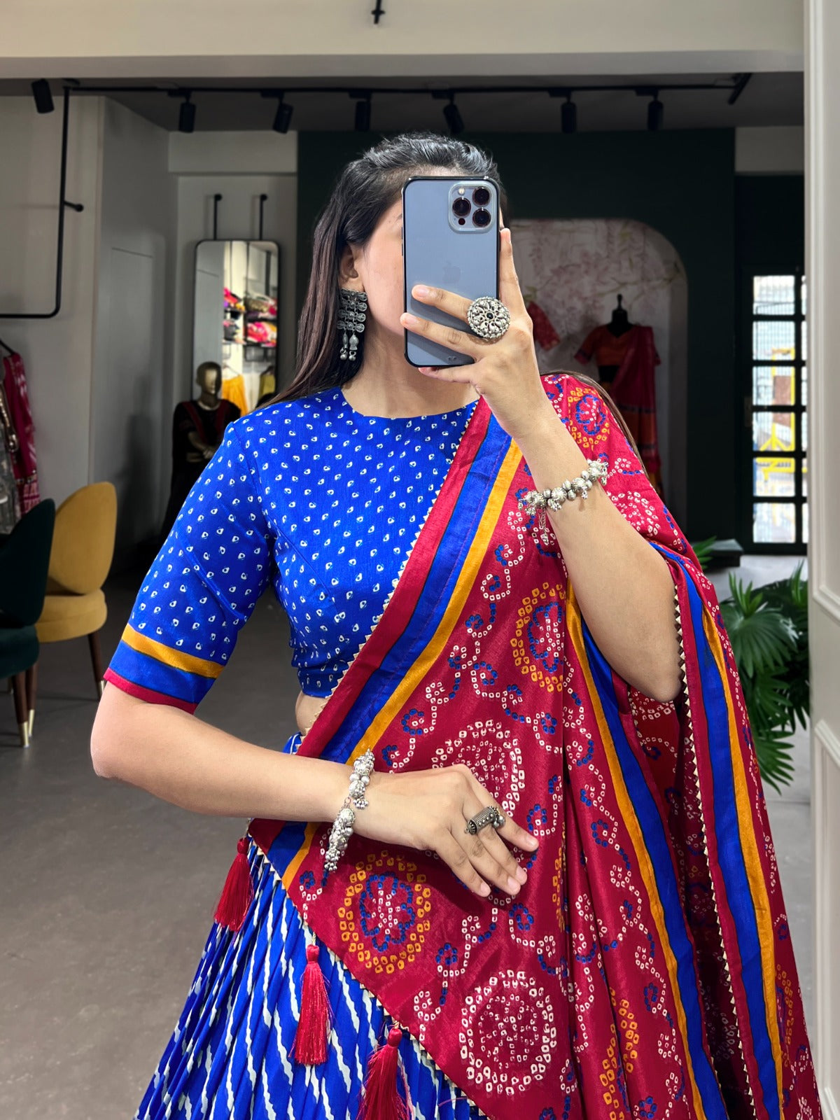 Lorenvalley Blue Tussar Silk Lehenga Leheriya Patola Print Border With Choli Bandhej Print With Bandhej Print Gotta Patti Lace Border Dupatta | Grocsy