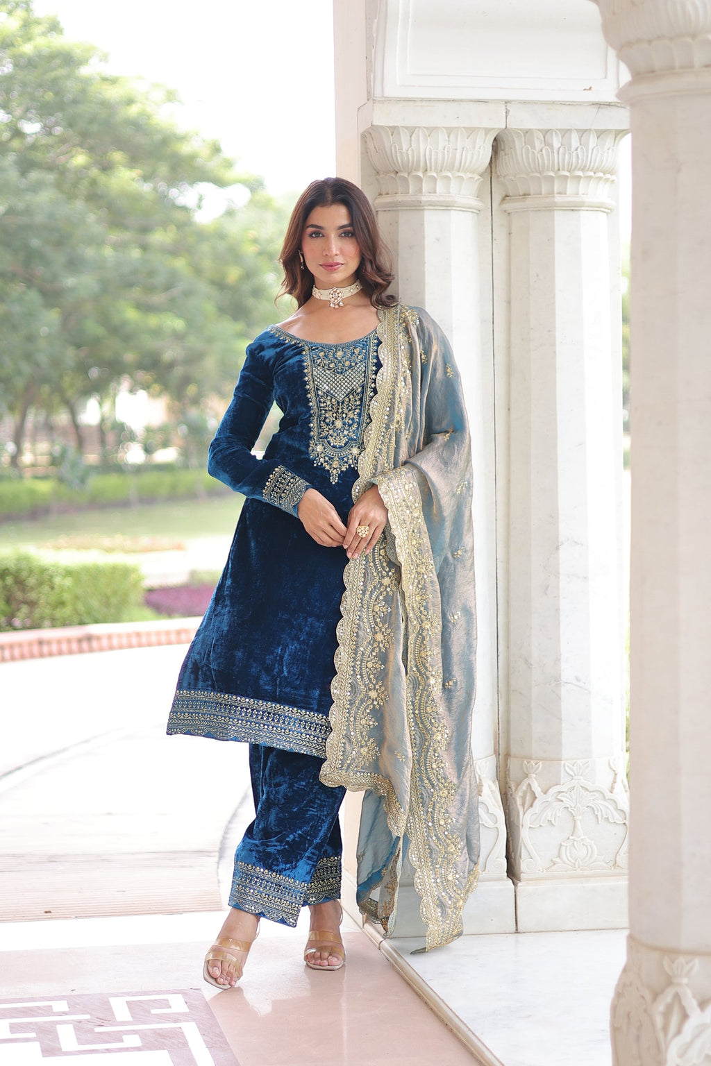 Lorenvalley Fashion Blue Velvet with Rich Sequins & Zari Embroidered work Kurta Pant with Dupatta | Grocsy