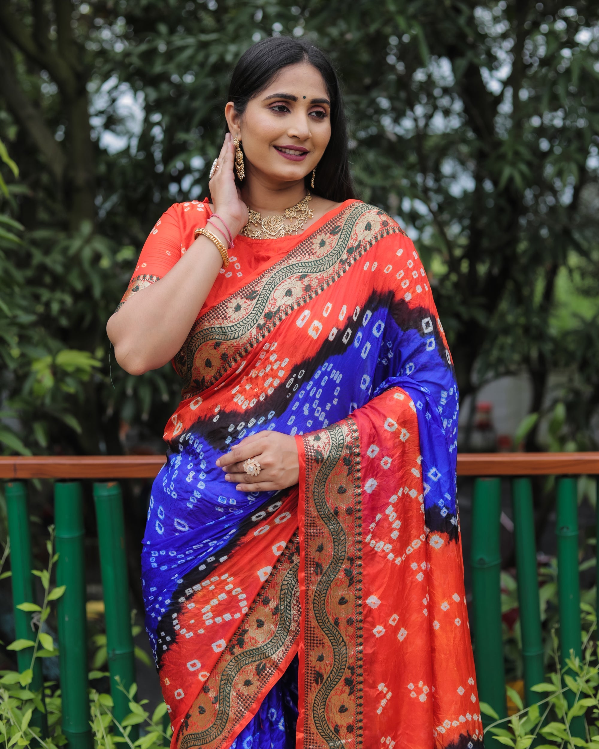 Lorenvalley Premium Pure Bandhej Tapeta Soft light weight silk saree with zari weaving Border - Multicolor | Grocsy