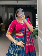 Lorenvalley Black Dola Silk with Printed With Foil Work And Original Mirror Gamthi Lace Touch Up Lehenga Choli | Grocsy