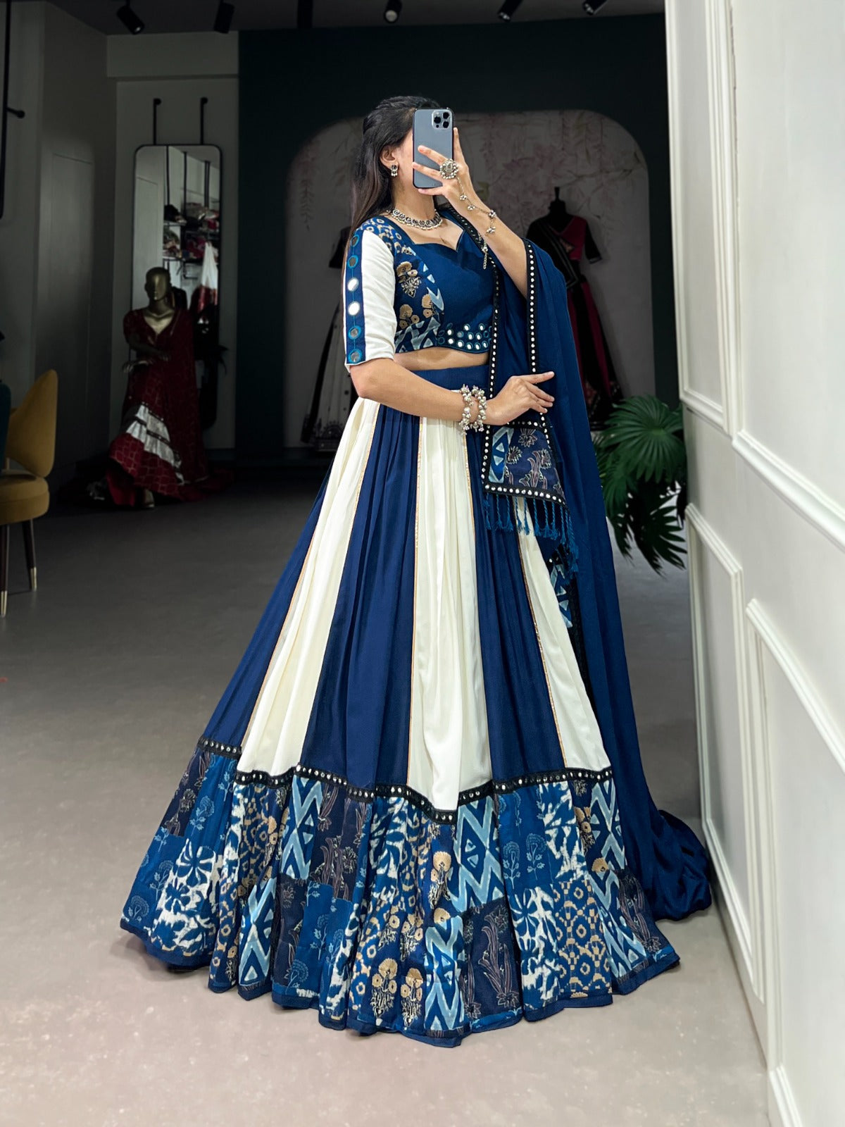 Lorenvalley Blue Pure Rayon with Plain And Printed With Paper Mirror Work Lace And Gota Patti Touch Up Lehenga Choli | Grocsy