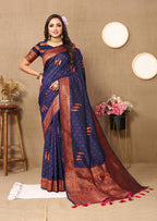 Lorenvalley Fashion Blue Soft Silk Copper Zari weaving Design Saree | Grocsy