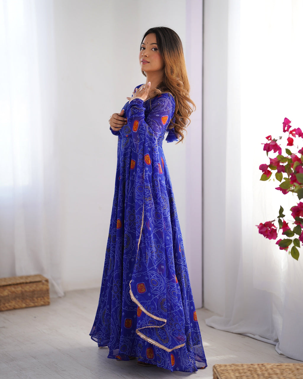 Lorenvalley Women Soft Lightweight Chiffon Bandhej Print Fabric Anarkali Kurta Pant With Dupatta Set | Grocsy