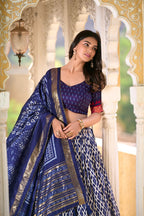 Lorenvalley Blue Tussar Silk Ikkat Print With Foil Work Lehenga Choli with Dupatta | Grocsy