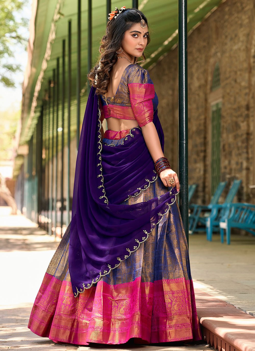 Lorenvalley Blue Kanjivaram Silk Zari Weaving Lehenga Choli with Dupatta | Grocsy