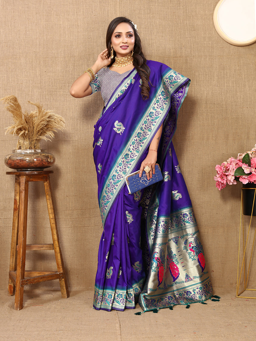 Lorenvalley Fashion Blue Soft Paithani Silk Woven Design Rich Meenakari Zari Weaving Pallu Saree | Grocsy