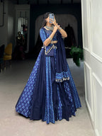 Lorenvalley Blue Pure Cotton Chaniya Choli Adorned With Cowrie Shells And Paired With A Matching Purse | Grocsy