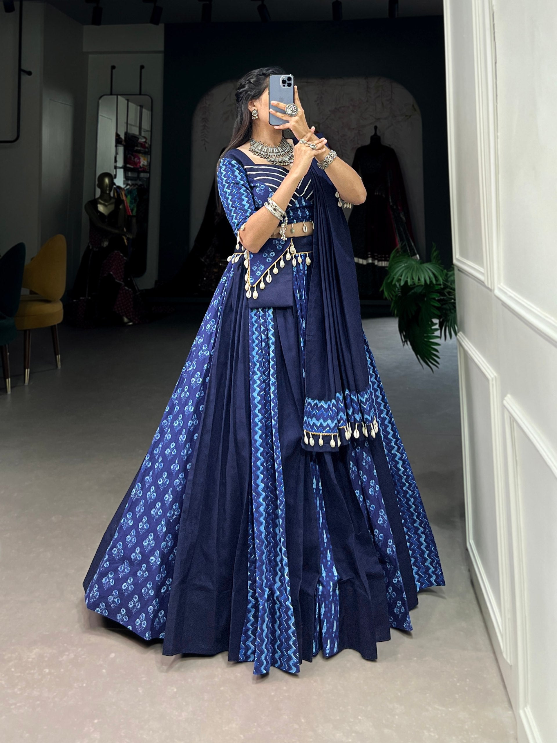 Lorenvalley Blue Pure Cotton Chaniya Choli Adorned With Cowrie Shells And Paired With A Matching Purse | Grocsy