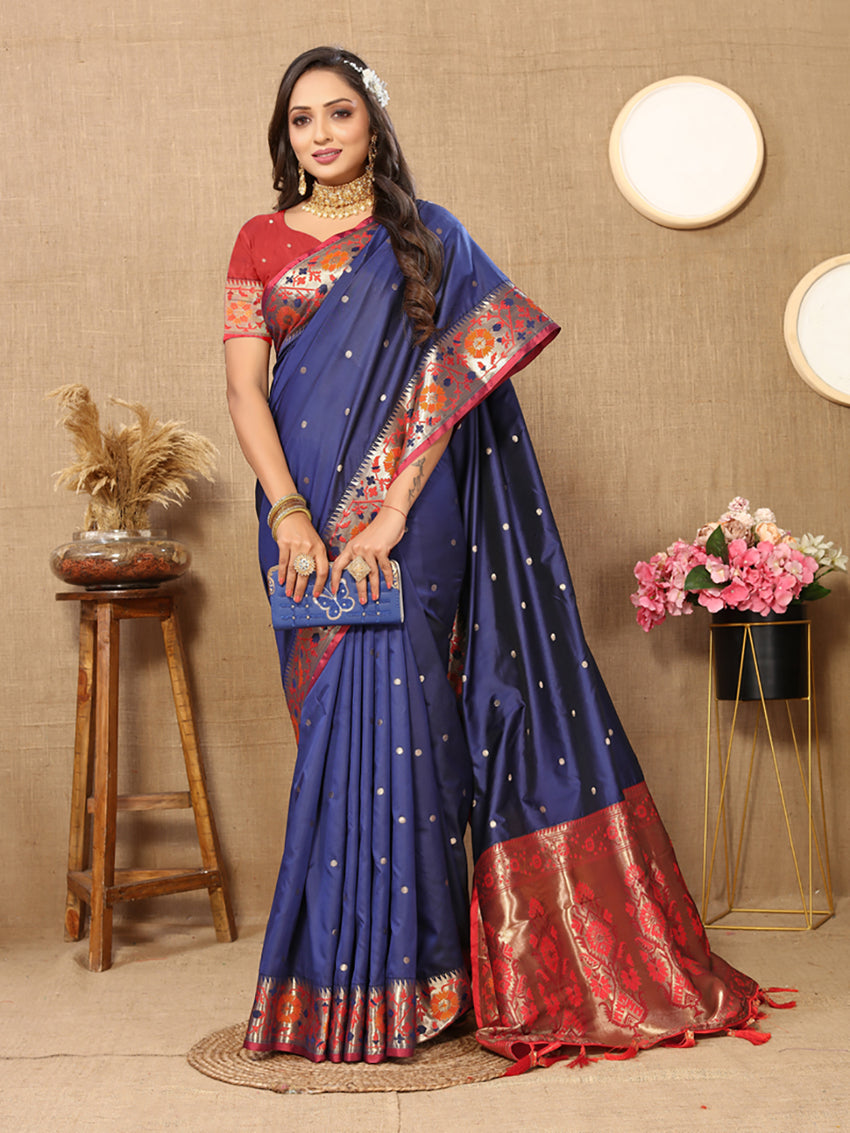 Lorenvalley Fashion Blue Soft Paithani Silk Woven Design Rich Meenakari Zari Weaving Pallu Saree | Grocsy