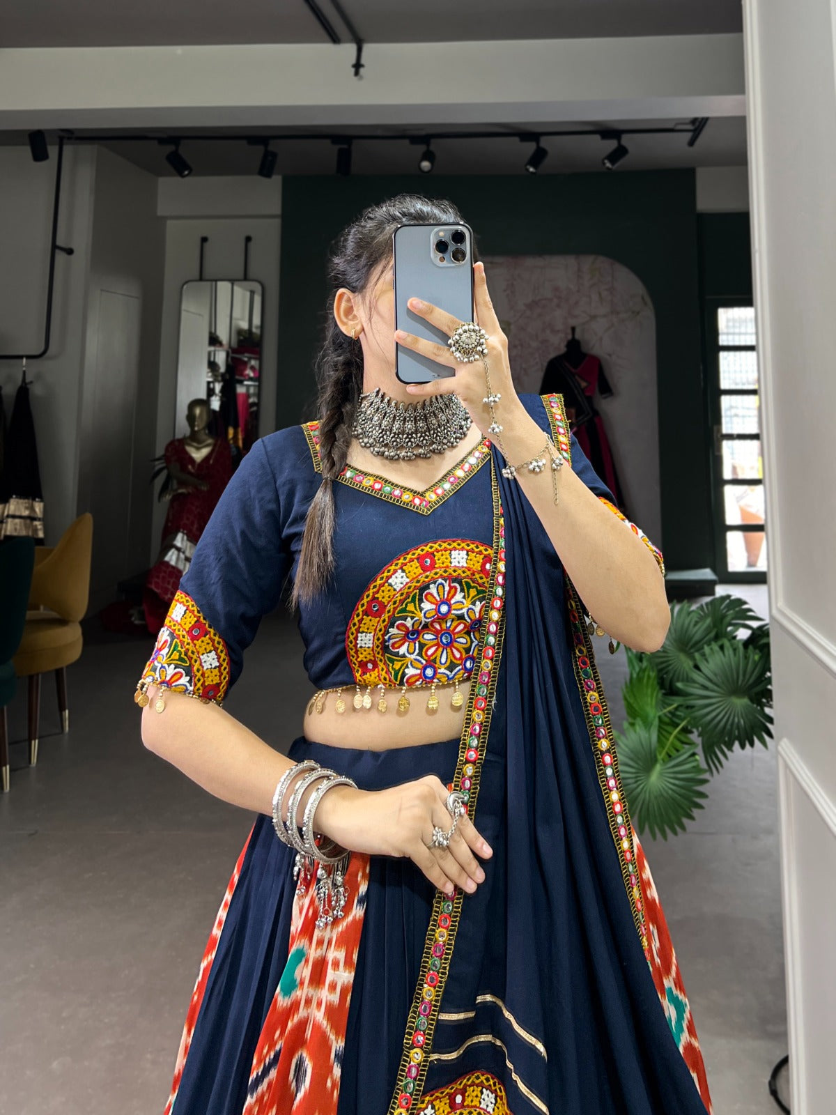 Lorenvalley Blue Rayon and Printed Silk with Plain And Printed With Original Mirror Gamthi Work And Gamthi Patch Work Lehenga Choli | Grocsy