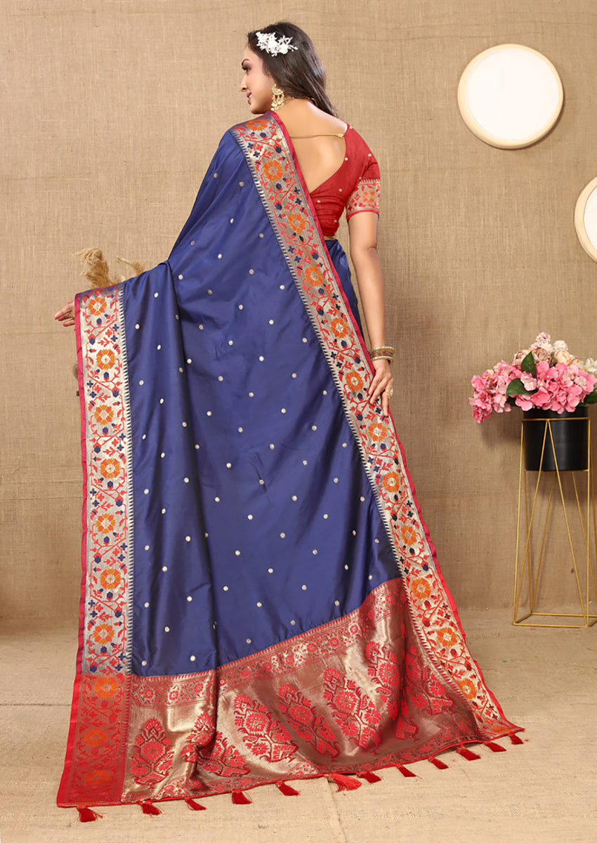 Lorenvalley Fashion Blue Soft Paithani Silk Woven Design Rich Meenakari Zari Weaving Pallu Saree | Grocsy