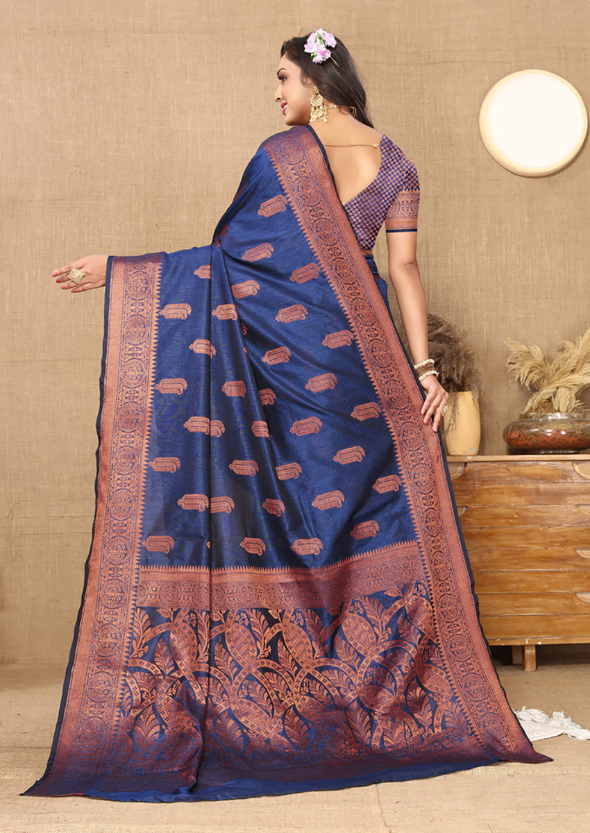 Lorenvalley Fashion Blue Soft Katan Silk Woven Design Copper Zari Weaving Saree | Grocsy