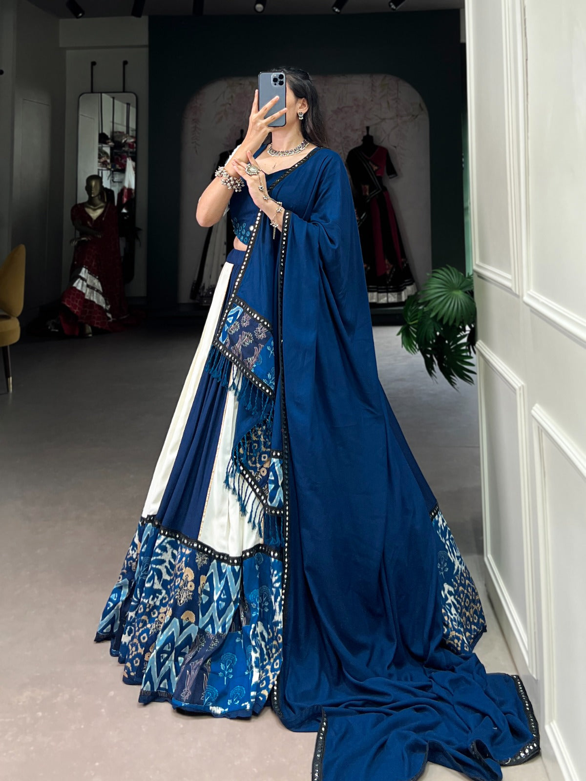 Lorenvalley Blue Pure Rayon with Plain And Printed With Paper Mirror Work Lace And Gota Patti Touch Up Lehenga Choli | Grocsy