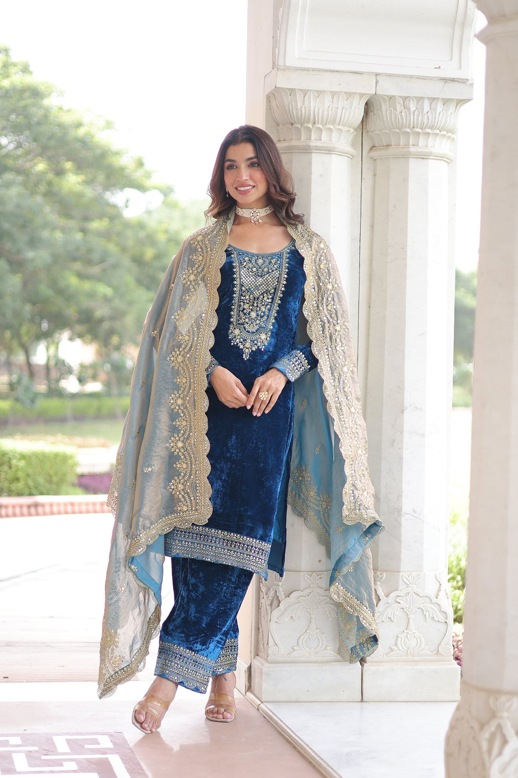 Lorenvalley Fashion Blue Velvet with Rich Sequins & Zari Embroidered work Kurta Pant with Dupatta | Grocsy