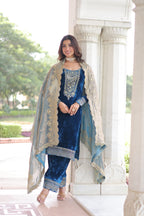 Lorenvalley Fashion Blue Velvet with Rich Sequins & Zari Embroidered work Kurta Pant with Dupatta | Grocsy