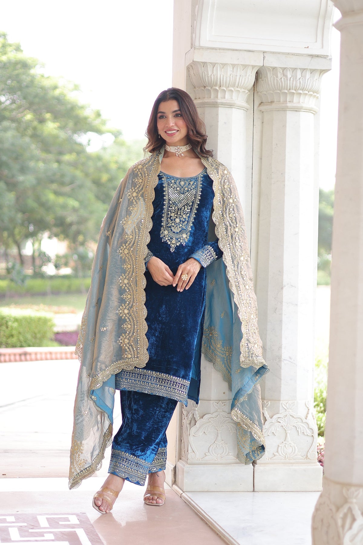 Lorenvalley Fashion Blue Velvet with Rich Sequins & Zari Embroidered work Kurta Pant with Dupatta | Grocsy