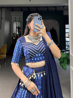 Lorenvalley Blue Pure Cotton Chaniya Choli Adorned With Cowrie Shells And Paired With A Matching Purse | Grocsy