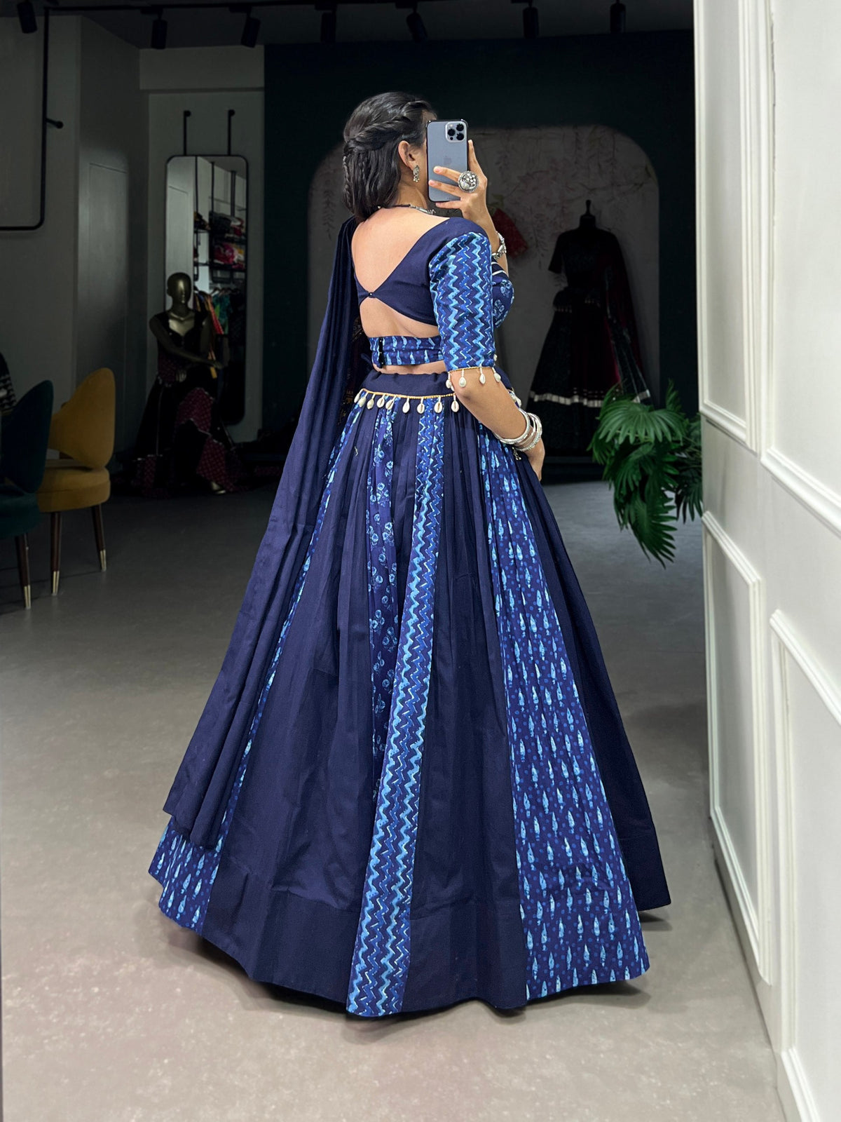 Lorenvalley Blue Pure Cotton Chaniya Choli Adorned With Cowrie Shells And Paired With A Matching Purse | Grocsy