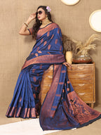 Lorenvalley Fashion Blue Soft Katan Silk Woven Design Copper Zari Weaving Saree | Grocsy