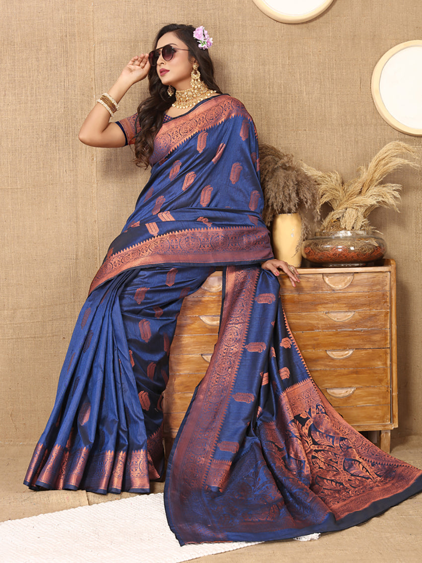 Lorenvalley Fashion Blue Soft Katan Silk Woven Design Copper Zari Weaving Saree | Grocsy