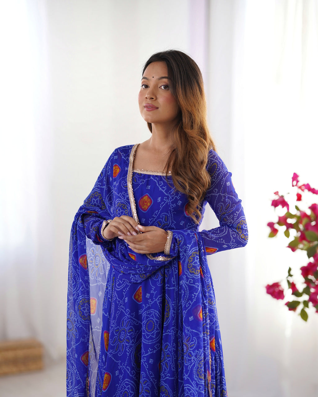 Lorenvalley Women Soft Lightweight Chiffon Bandhej Print Fabric Anarkali Kurta Pant With Dupatta Set | Grocsy