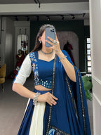 Lorenvalley Blue Pure Rayon with Plain And Printed With Paper Mirror Work Lace And Gota Patti Touch Up Lehenga Choli | Grocsy