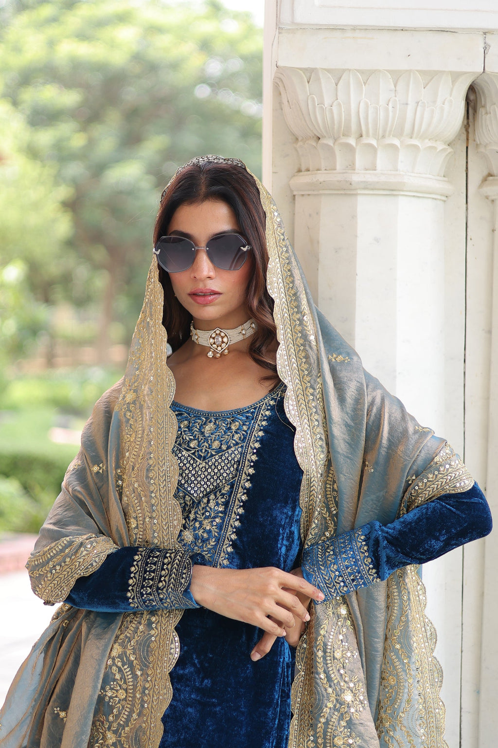 Lorenvalley Fashion Blue Velvet with Rich Sequins & Zari Embroidered work Kurta Pant with Dupatta | Grocsy