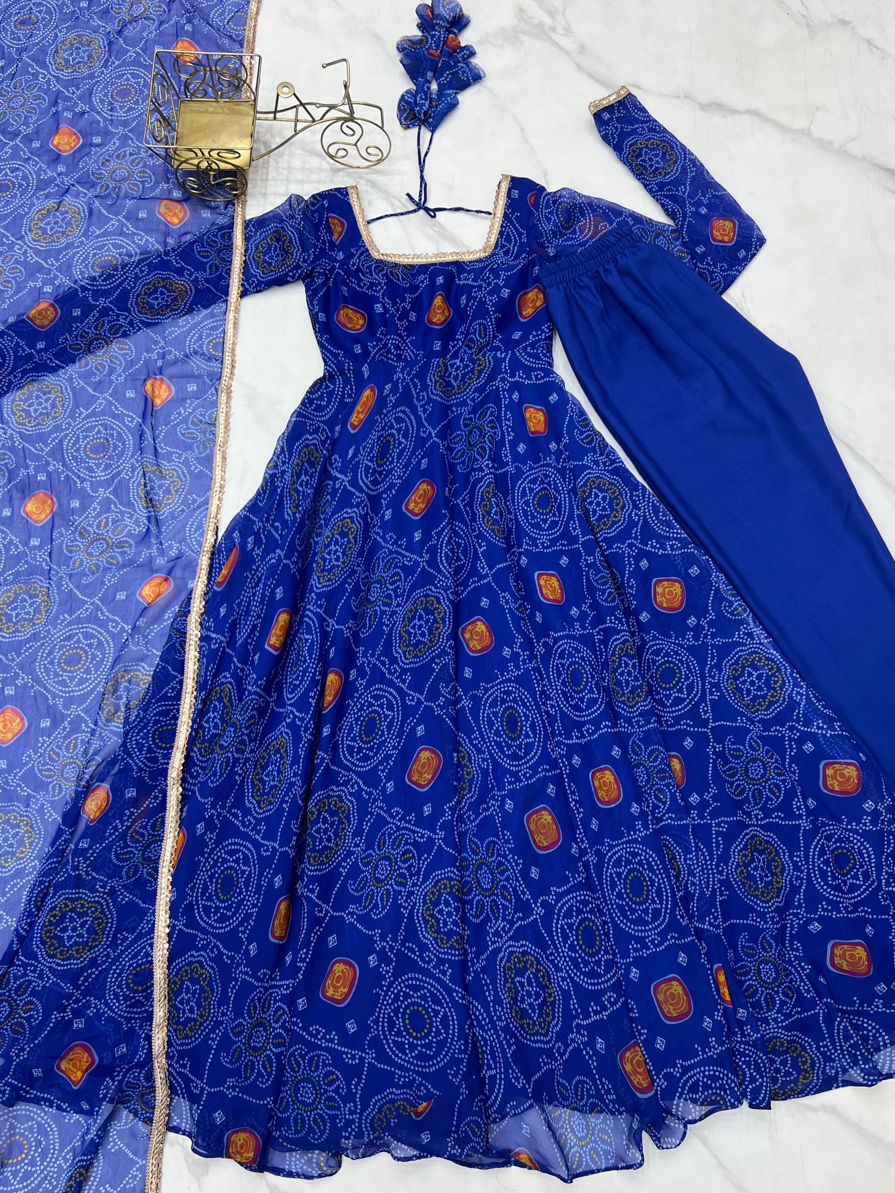 Lorenvalley Women Soft Lightweight Chiffon Bandhej Print Fabric Anarkali Kurta Pant With Dupatta Set | Grocsy