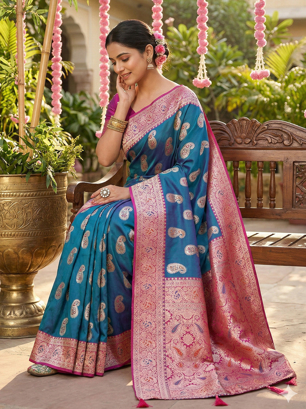 Anaita Blue Silk Blend Woven Saree With Blouse | Grocsy