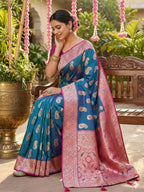Anaita Blue Silk Blend Woven Saree With Blouse | Grocsy
