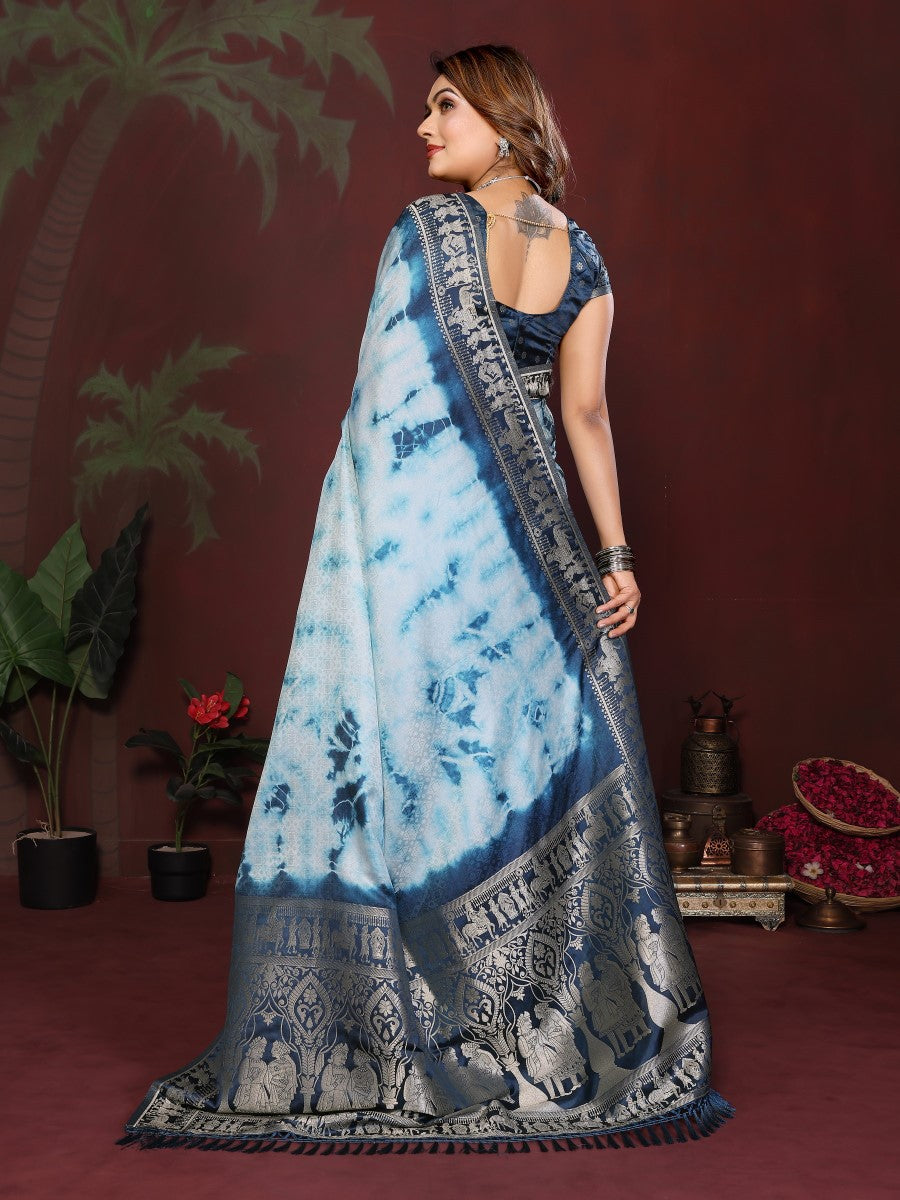 Anaita Blue Zari Weaving Work Satin Silk Saree With Blouse | Grocsy