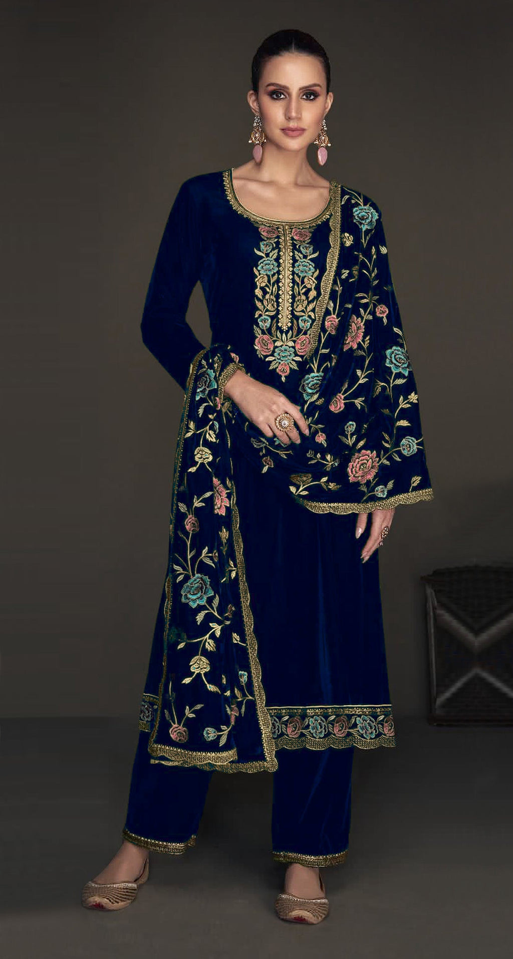 Lorenvalley Fashion Women Blue Velvet Embroidered Salwar Suit Material | Grocsy