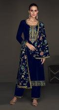 Lorenvalley Fashion Women Blue Velvet Embroidered Salwar Suit Material | Grocsy