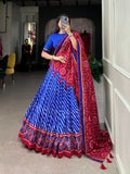Lorenvalley Blue Tussar Silk Lehenga Leheriya Patola Print Border With Choli Bandhej Print With Bandhej Print Gotta Patti Lace Border Dupatta | Grocsy