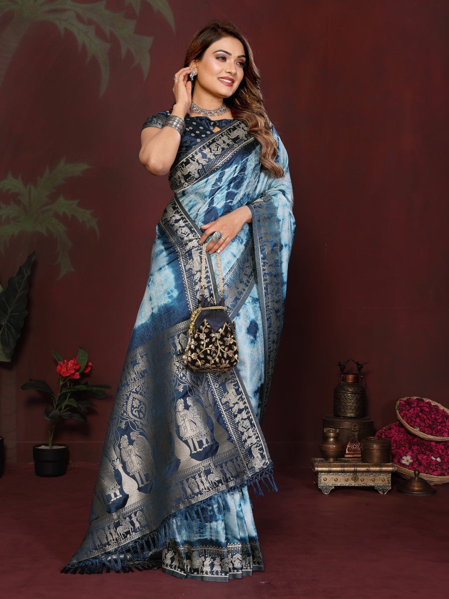 Anaita Blue Zari Weaving Work Satin Silk Saree With Blouse | Grocsy